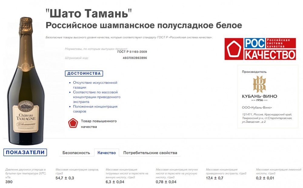 Роскачество: белое полусладкое шампанское «Шато Тамань» — товар повышенного качества